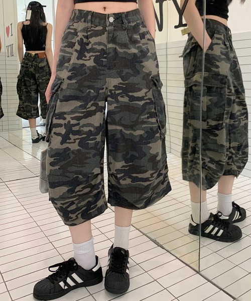 Sibra カーゴパンツ ワイドシルエット迷彩カーゴパンツ／7分丈で