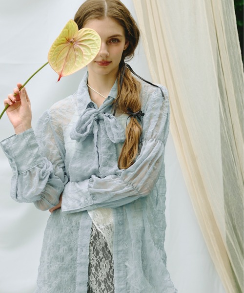 loin nuit ブラウス シャツ sheer plaid ribbon shirt / シアー