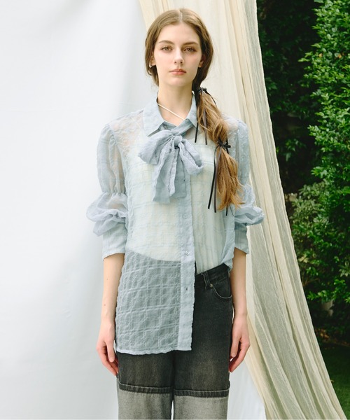 Sheer Bow ブラウス Sheer Bow Detail L/S Shirt | Black – Parlour X