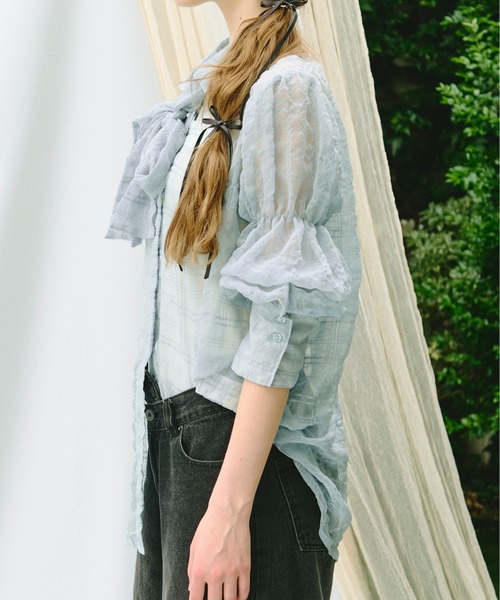 loin nuit ブラウス シャツ sheer plaid ribbon shirt / シアー