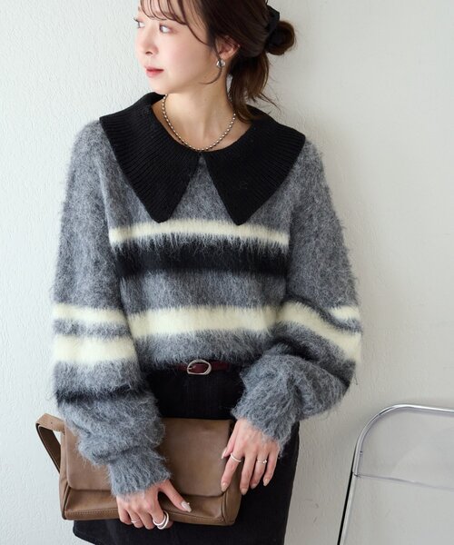 Discoat（ディスコート） ニット セーター シャギーボーダー衿付きプル