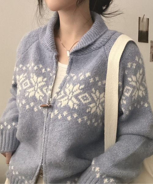 極美品✨ シルバーストーン ジップカーディガン 大きめ ニット ノルディック柄 カーディガン ノルディック柄ジップアップニットカーディガン