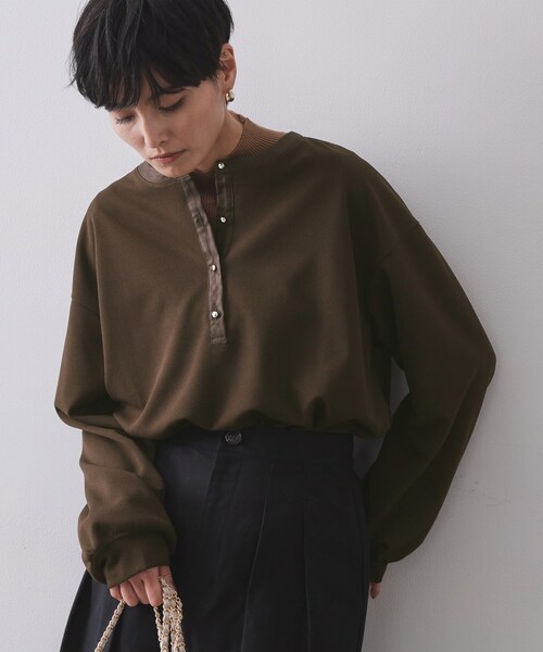 新品！高級婦人服 後ろファスナー ハイネック 半袖カットソー トップス ブラウン ニッセン（nissen） トップス Tシャツ カットソー レディース ガーゼ裏