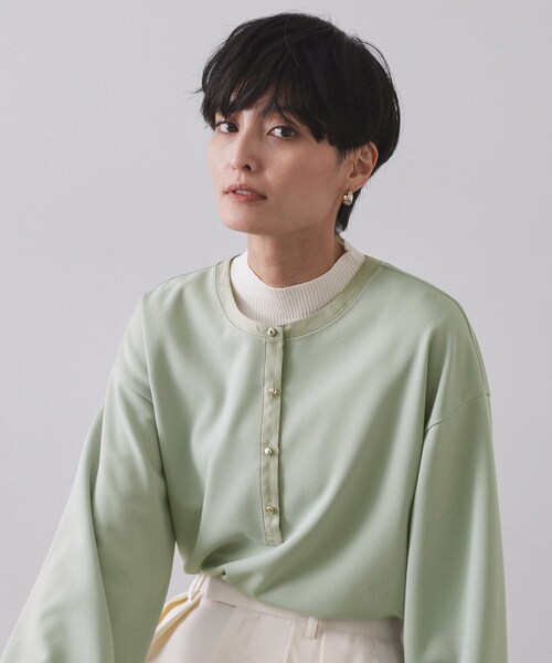 ‼️今だけセール中❣️ETRO 長袖トップス 44 オリーブグリーン OPAQUE.CLIP（オペークドットクリップ） tシャツ サテン使いヘンリー