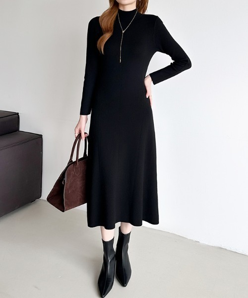COCOMOMO ワンピース ハイネックフレアニットワンピース きれいめ