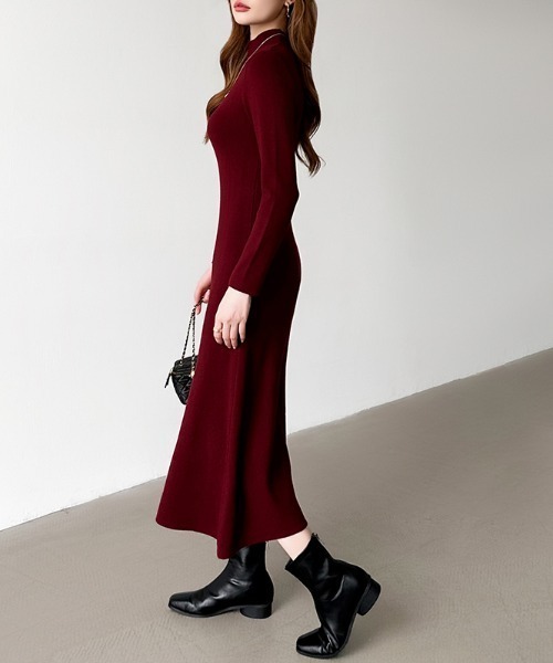 COCOMOMO ワンピース ハイネックフレアニットワンピース きれいめ