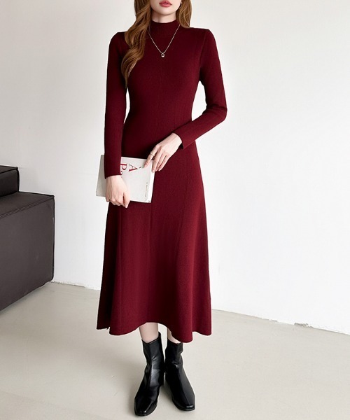 COCOMOMO ワンピース ハイネックフレアニットワンピース きれいめ