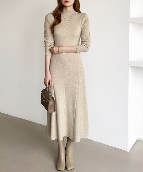 COCOMOMO ワンピース ハイネックフレアニットワンピース きれいめ