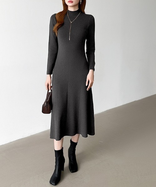 COCOMOMO ワンピース ハイネックフレアニットワンピース きれいめ