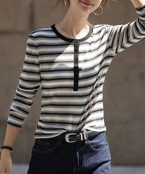 familiar ストライプ柄長袖Tシャツ tシャツ 配色ボタンストライプ柄トップス レディース : ZOZOTOWN Yahoo