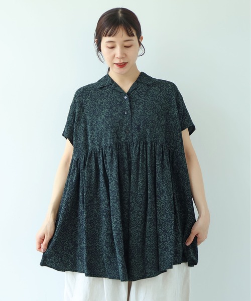 ブラウス シャツ rayon cupla cotton flower print open peprum tunic レディース