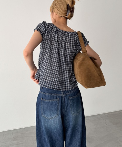 ブラウス シャツ HARING　チェック半袖パフブラウス レディースの画像