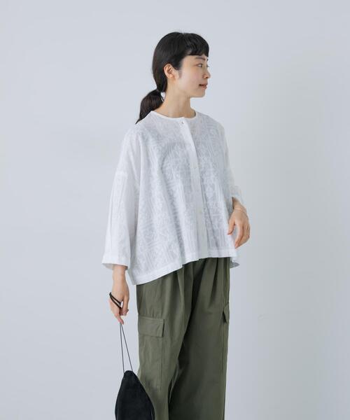 かぐれ ブラウス シャツ コットンクロス刺しゅうワイドシャツ