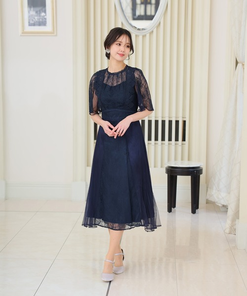 美品✨カラルス　パーティードレス　ネイビー　長袖　オケージョン　お呼ばれ　結婚式 美品✨カラルス パーティードレス ネイビー 長袖 オケージョン