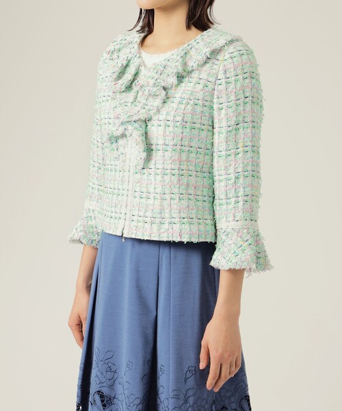 【美品】TO BE CHIC ノーカラージャケット 白×黒レース40 レディース TO BE CHIC / トゥー ビー シック （レディース） ノーカラー