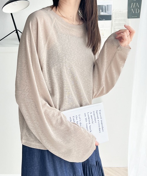 Tシャツ ゆるTシャツ ゆるトップス レース 透け編み フレアー 長袖 ラウンドネック ゆったり 薄手 レディース トップス 秋冬 HUG.U Tシャツ ロンT シアー ジャガード レディース トップス