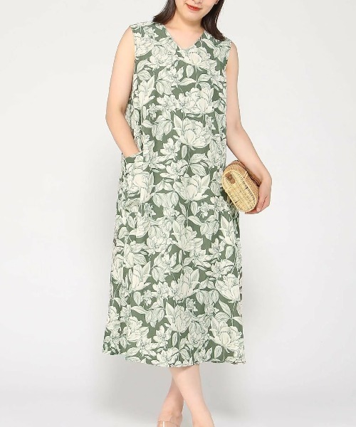 CARVEN ☆ ノースリーブ Vネックプリント ワンピース PREFERIR ワンピース Vネック ノースリーブ ボタニカルプリント