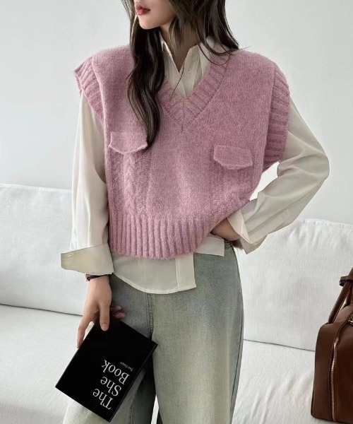 Diosfront ベスト ジレ Vネックざっくりニットベスト レディース