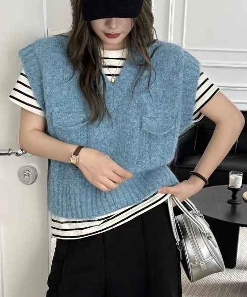 Diosfront ベスト ジレ Vネックざっくりニットベスト レディース