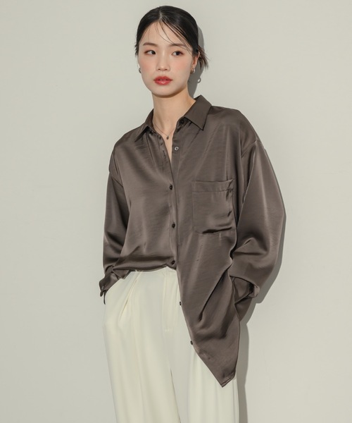 ブラウス シャツ ワッシャーサテンベーシックシャツ レディース NEUNA ブラウス シャツ ワッシャーサテンベーシックシャツ