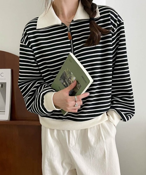 トレーナー スウェット ハーフジップボーダートップス レディース