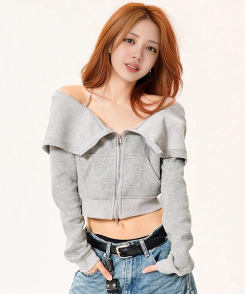 A'GEM/9 × .kom 「.KOM/ドットケーオーエム」 ホルターネックオフショルダークロップジップアップトップス レディース メンズ