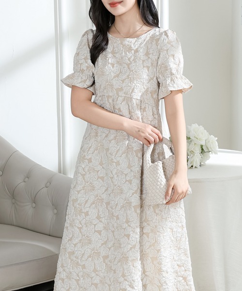 FRAY I.D フラワージャガードパフスリーブワンピース Lace Ladies（レースレディース） ワンピース フラワー ジャガード