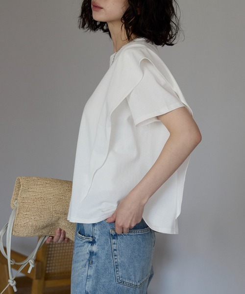 24209R フリーサイズ ラッフル　フリル　スリーブ　Tシャツ　カットソー セール】ラッフルフリルスリーブコンパクトTシャツ（Tシャツ