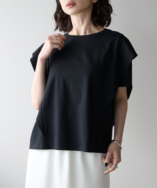 tシャツ リブ ラッフル フリル スリーブ Tシャツ レディース each alchemist tシャツ ラッフルフリルスリーブコンパクトT