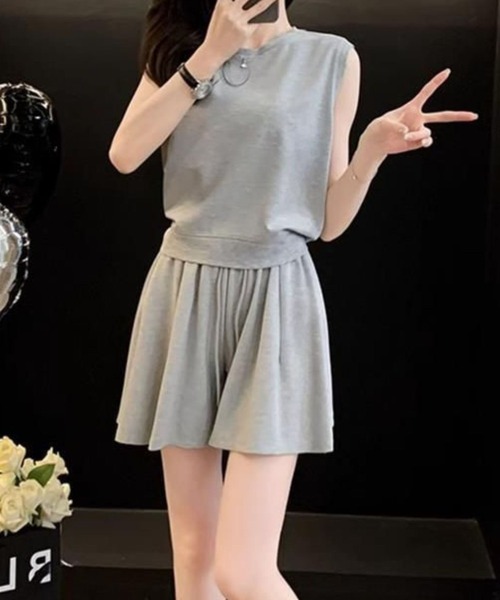 タンクトップ ノースリーブ タンク+キュロットセットアップ レディース