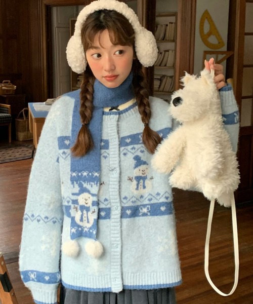 希少　一点物マフラー付きカーディガン Lovilyn カーディガン マフラー付きシャギーカーディガン レディース