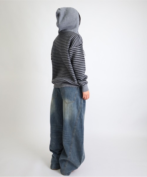 ニット セーター ボーダーニットジップアップフードパーカー