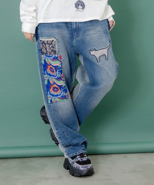 スカラーアップリケデニムパンツ ScoLar（スカラー） ジーンズ デニム デニムパンツ 153672：綿×レース