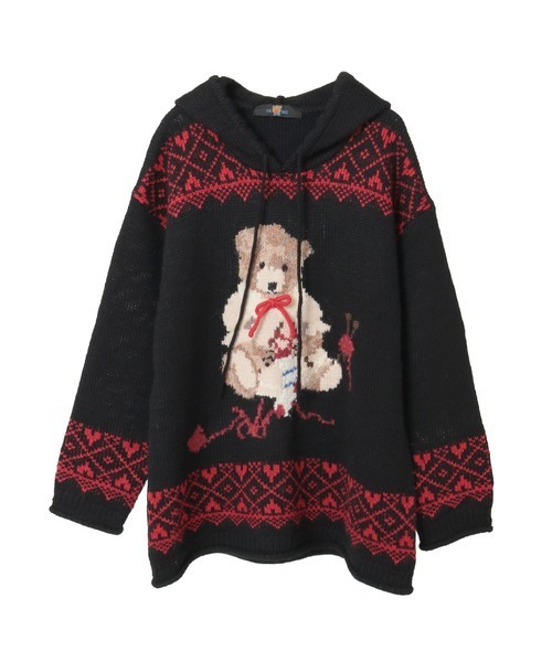 ピンクハウス　三つ子のくまの冬支度柄編み込みフード付きニット PINK HOUSE（ピンクハウス） ニット セーター 三つ子のくまの冬支度柄