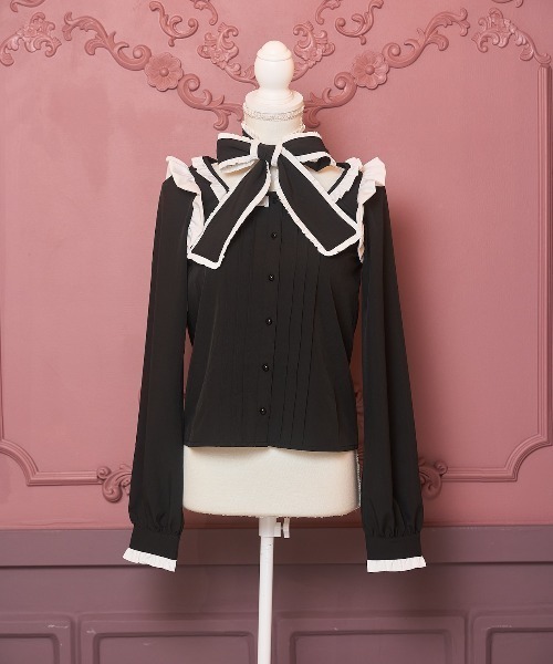 nyanMe ブラウス シャツ ふりふりおりぼんぶらうす レディース nyan Me ぽんぽんけーぷぶらうす的なね ケープ付き ブラウス ブラック