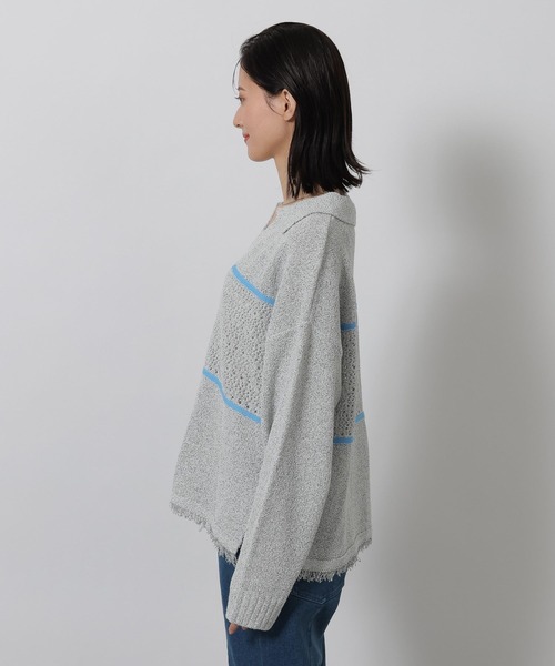 La Chapelle、ラウンドネック、透かし彫り、ラッパ袖、ニット、優しい気質 LAKOLE（ラコレ） ニット セーター スキッパー襟透かしニットプル