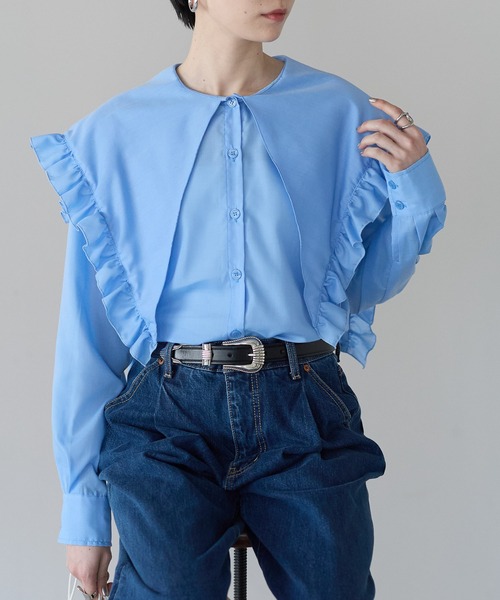 【春秋物 新入荷】●Drawer/ドゥロワー●コットンチェックスタンドフリルシャツ/ブラウス/長袖 ブルー/青 レディース 36【中古】春秋 503042 Drawer - 【春秋物 新入荷】○Drawer/ドゥロワー○コットンチェック