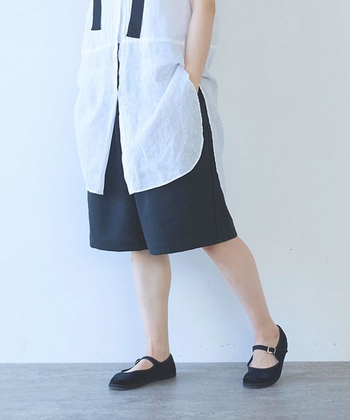 ハーフパンツ ワイドパンツ パンツ Linen Polyester gum tack half pants レディースの画像