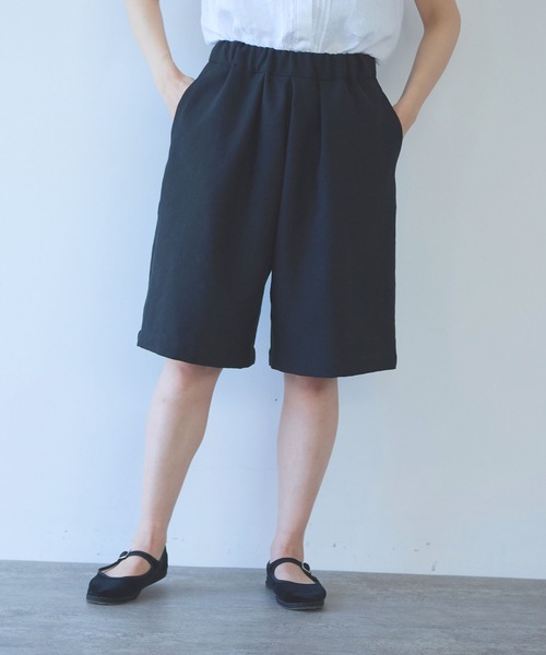 ハーフパンツ ワイドパンツ パンツ Linen Polyester gum tack half pants レディースの画像