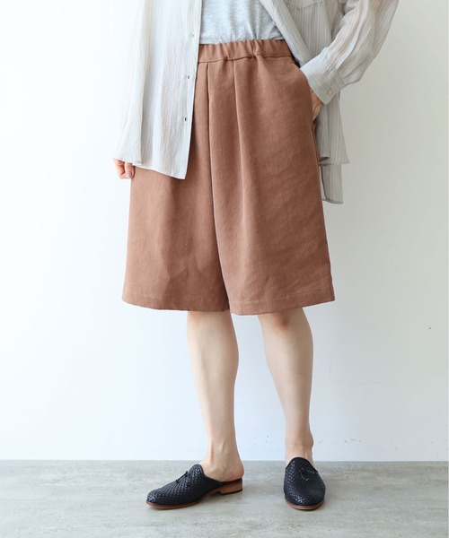 ハーフパンツ ワイドパンツ パンツ Linen Polyester gum tack half pants レディースの画像