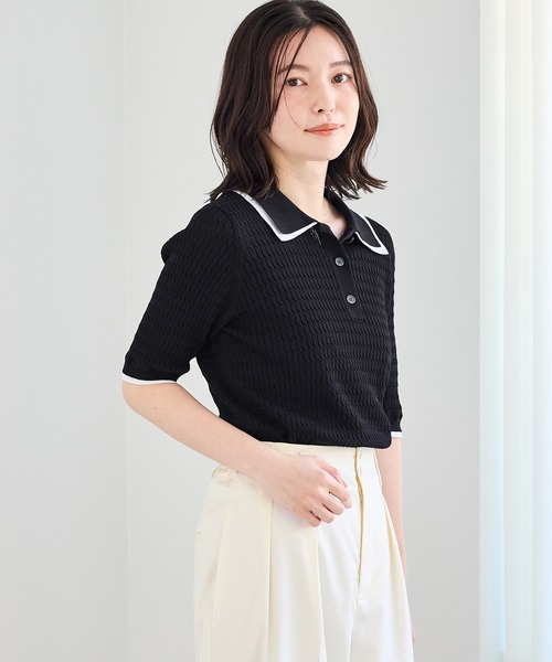 ニット セーター 「ちゃんと+かわいい保証」シャーベットニットミニケーブルポロカラーニット/UVケア レディースの画像