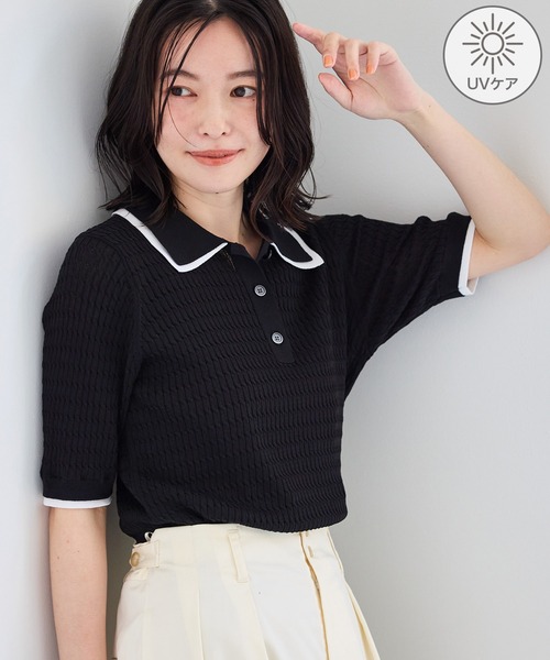ニット セーター 「ちゃんと+かわいい保証」シャーベットニットミニケーブルポロカラーニット/UVケア レディースの画像