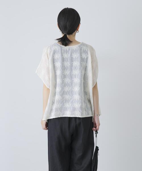 かぐれ ブラウス シャツ 半袖 コットンガーゼ刺繍2WAYブラウス