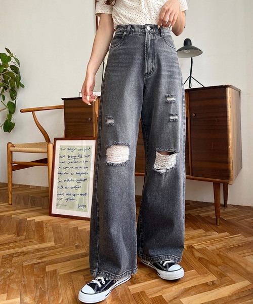 moment+ ジーンズ デニム デニムパンツ クラッシュダメージデニム