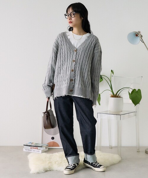 グレー ケーブルニット カーディガン Mサイズ ざっくり編みケーブルニットカーディガン（カーディガン/ボレロ