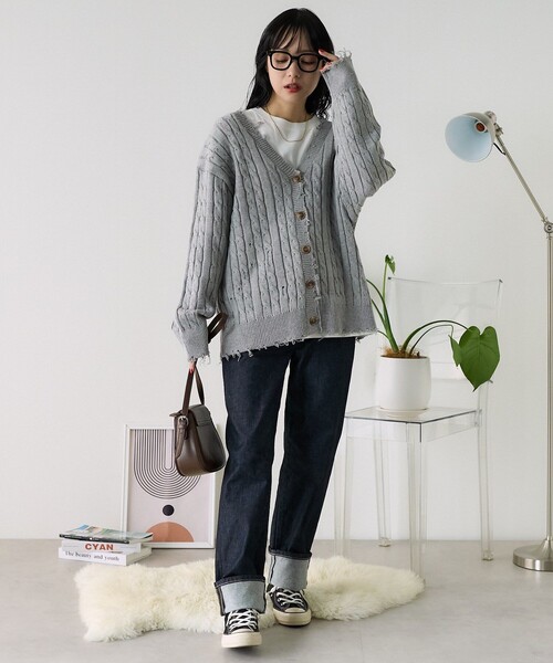  グレンマーティンス グレー ケーブルニット カーディガン ケーブルニットカーディガン - ライトグレーメランジ - レディース