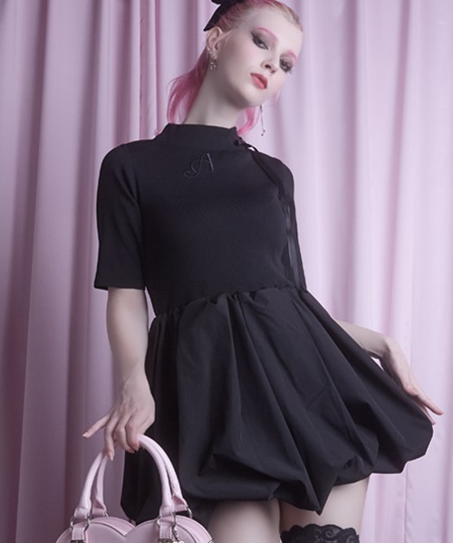 AVENCHUMU バルーンスカートワンピース AVENCHUMU ワンピース Back ribbon knit balloon one piece : ZOZOTOWN