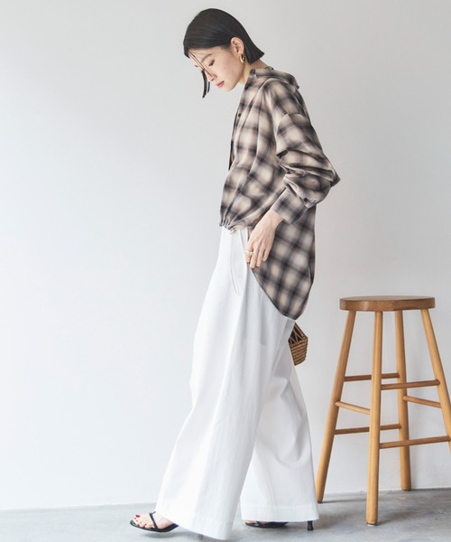 ブラウス シャツ ドロスドチェックシャツ レディース moment+ ブラウス シャツ 裾ドロストチェックシャツ レディース
