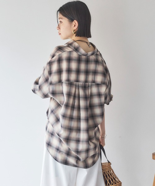 ブラウス シャツ ドロスト仕様 フロントシャーリングチェックシャツ レディース ブラウス シャツ ドロスト シャーリングクロップド チェック