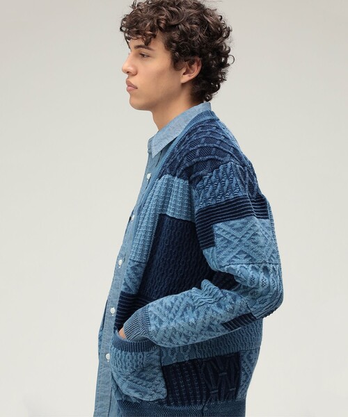 カーディガン Cardigan Indigo Patchwork Like Jacquard メンズ